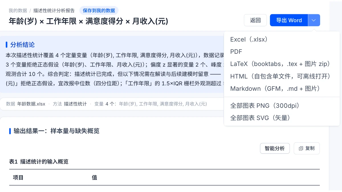 描述性统计报告导出菜单:Word 主按钮与其他格式