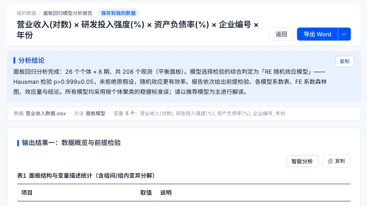 面板模型报告页面:演示样本结构与模型推荐摘要