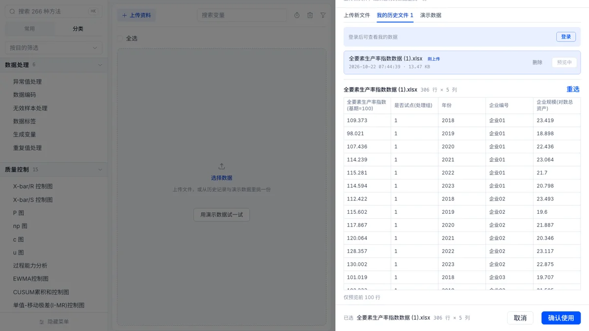 选择数据页面：上传后的数据预览，列为生产率、是否试点、年份、企业编号、企业规模
